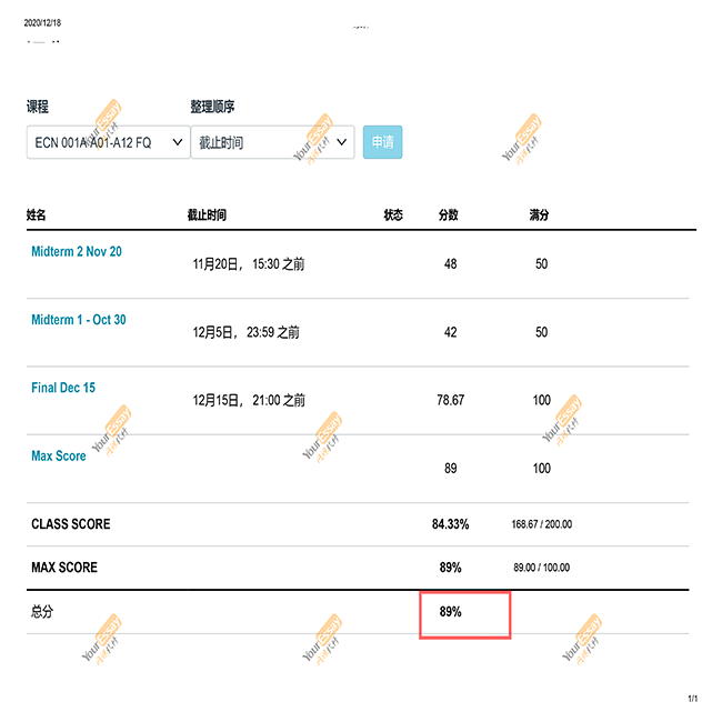 网课代考成绩单 -89  A   _ ECN 001A A01-A12 FQ 2020